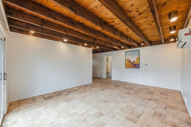 empty room featuring wood ceiling, a wall mounted AC, and beam ceiling