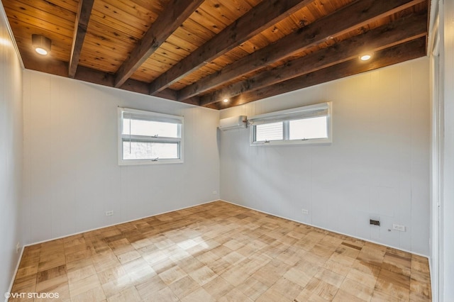 interior space featuring wood ceiling and beam ceiling