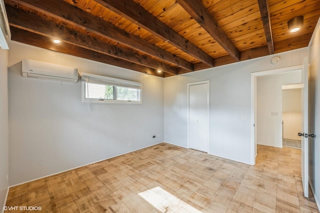 unfurnished bedroom with wood ceiling, a wall mounted AC, a closet, and beam ceiling