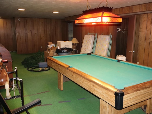 1605 Sharon Rd, Streator, IL 61364 - rec room with wood walls, billiards, and carpet flooring