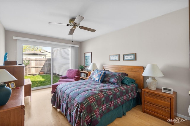 bedroom with a ceiling fan and wood finished floors