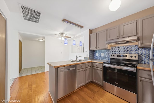 5400 Walnut Ave Unit 214, Downers Grove, IL 60515 - kitchen with stainless steel appliances, under cabinet range hood, a peninsula, and light wood-style floors