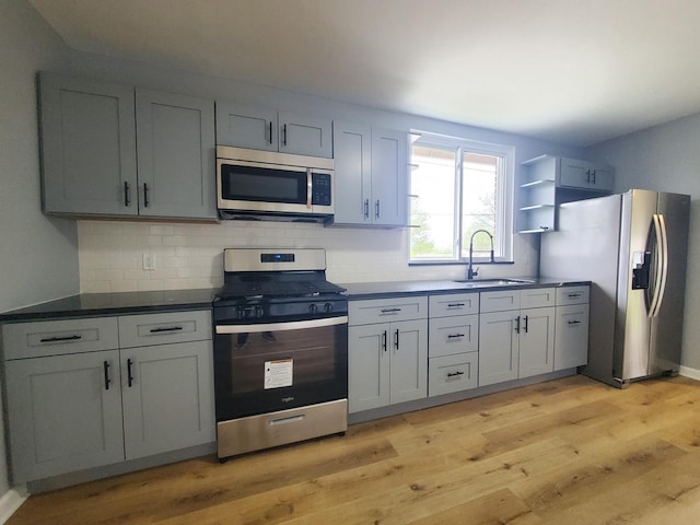 kitchen featuring backsplash, dark countertops, light wood-type flooring, a sink, and stainless steel appliances