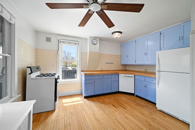 809 W Touhy Ave, Park Ridge, IL 60068 - kitchen with white appliances, blue cabinetry, butcher block countertops, a ceiling fan, and visible vents