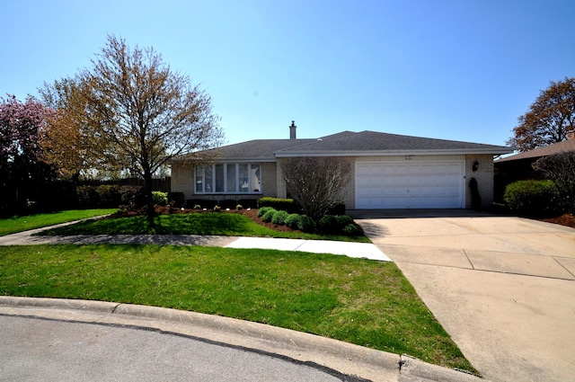 ranch-style house featuring concrete driveway, brick siding, a front yard, and a garage