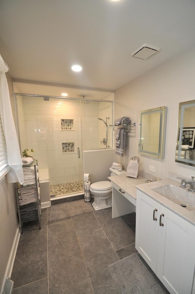full bathroom with vanity, toilet, recessed lighting, tile patterned floors, and a stall shower
