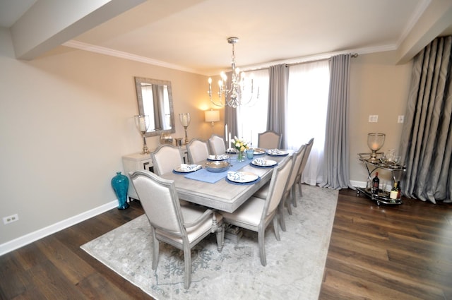 dining area featuring crown molding, baseboards, wood finished floors, and a notable chandelier
