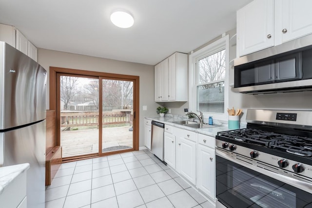 kitchen featuring white cabinetry, appliances with stainless steel finishes, a wealth of natural light, and a sink