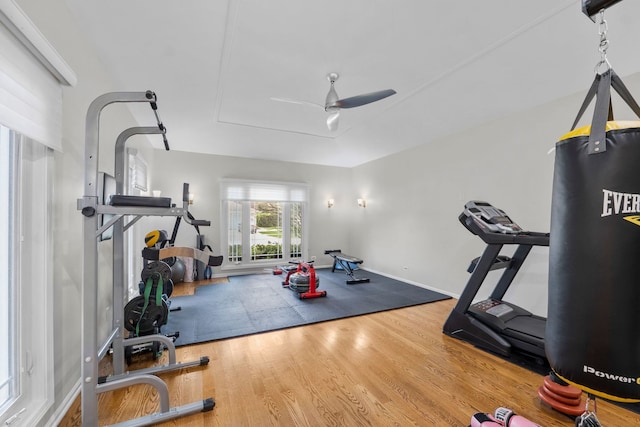 3130 Kayjay Dr, Northbrook, IL 60062 - exercise room with ceiling fan and wood finished floors