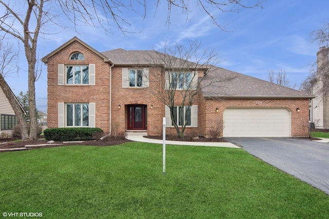 354 Gateshead Dr, Naperville, IL 60565 - view of front of house featuring a shingled roof, an attached garage, a front lawn, brick siding, and driveway