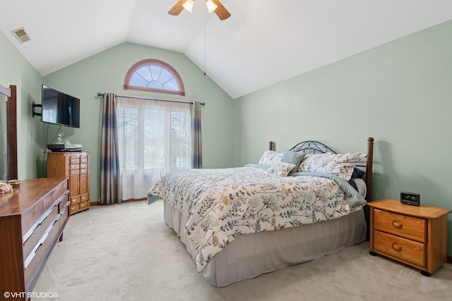 354 Gateshead Dr, Naperville, IL 60565 - bedroom featuring light colored carpet, a ceiling fan, visible vents, and vaulted ceiling