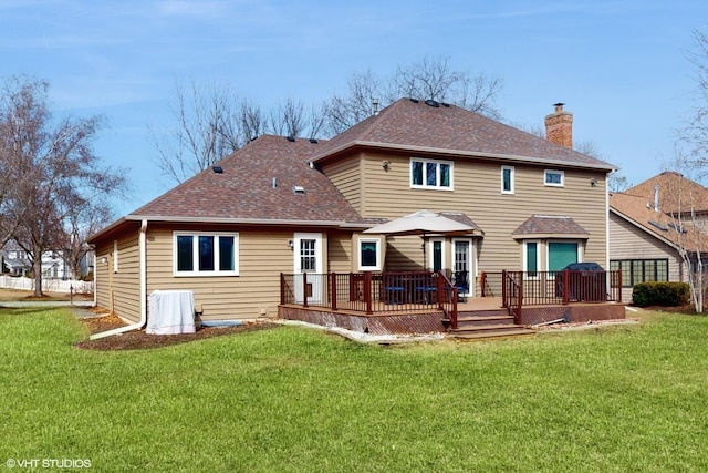 354 Gateshead Dr, Naperville, IL 60565 - back of property featuring a lawn, a deck, a chimney, and a shingled roof