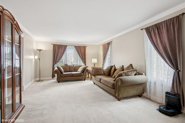 354 Gateshead Dr, Naperville, IL 60565 - living room featuring baseboards, light colored carpet, ornamental molding, and a wood stove