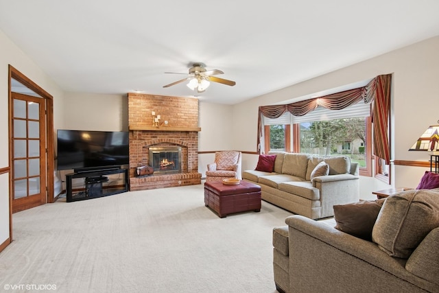 354 Gateshead Dr, Naperville, IL 60565 - carpeted living room featuring a brick fireplace and a ceiling fan