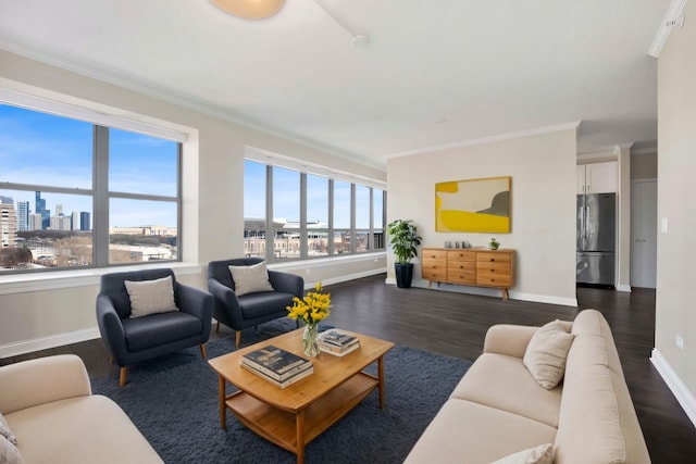 living room featuring crown molding, baseboards, dark wood-style flooring, and a view of city
