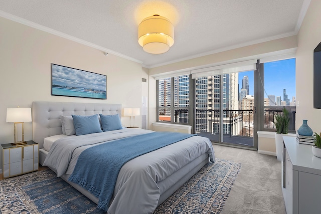 bedroom featuring light colored carpet, ornamental molding, and access to exterior