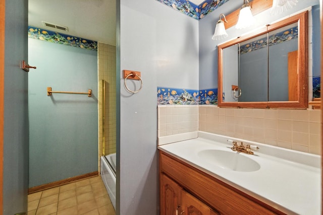 3664 E 2619th Rd, Sheridan, IL 60551 - full bathroom with vanity, tile patterned floors, shower / bath combination with glass door, and tile walls