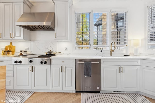 117 Iroquois Dr, Clarendon Hills, IL 60514 - bar with stainless steel appliances, wall chimney exhaust hood, a sink, light wood finished floors, and decorative backsplash