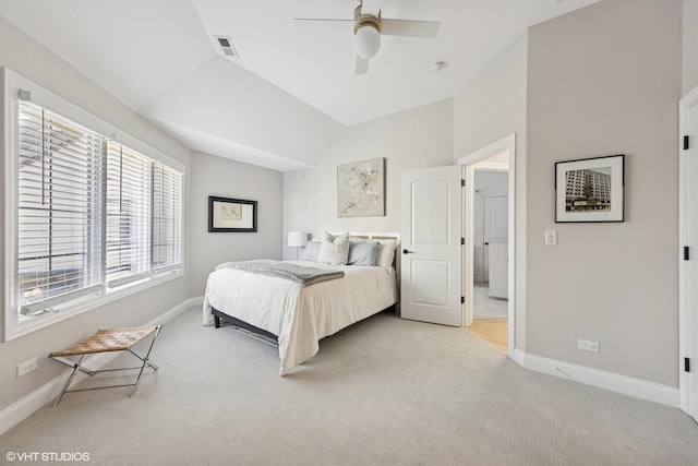 117 Iroquois Dr, Clarendon Hills, IL 60514 - bedroom with baseboards, light colored carpet, lofted ceiling, and ceiling fan