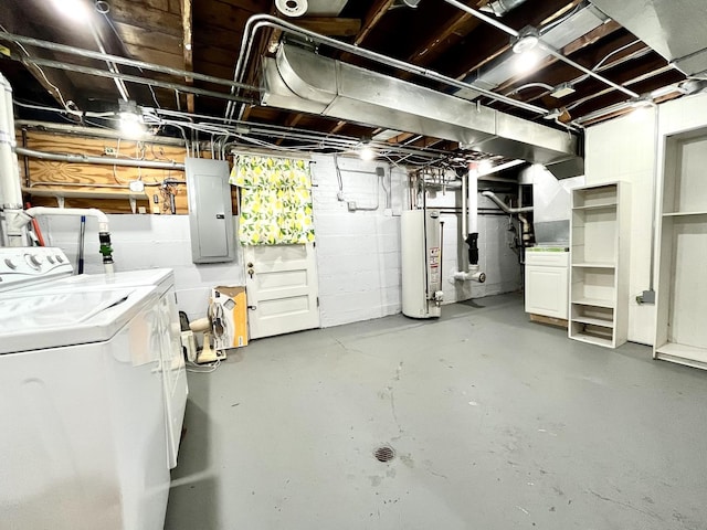 unfinished basement featuring washer and clothes dryer, gas water heater, electric panel, and concrete block wall