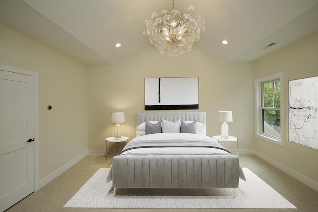 bedroom with an inviting chandelier, baseboards, visible vents, and light colored carpet
