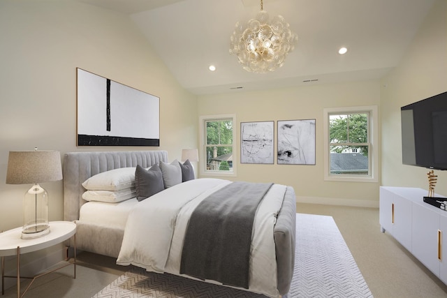 bedroom featuring recessed lighting, a chandelier, light carpet, and multiple windows