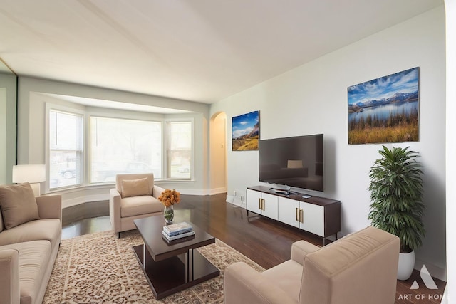 living area with baseboards and dark wood-type flooring