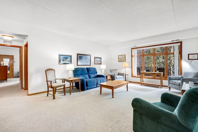 carpeted living room featuring visible vents