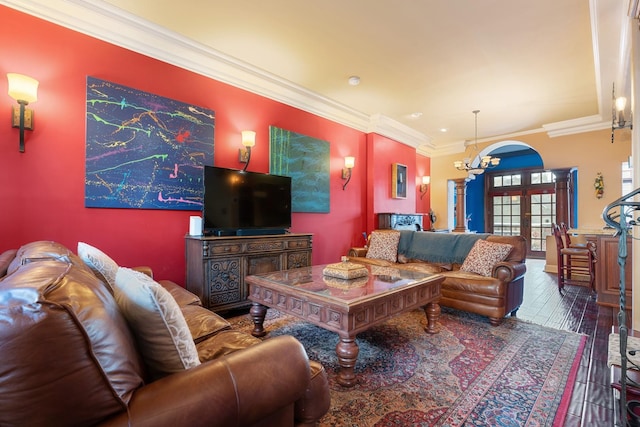 3842 N Alta Vista Ter, Chicago, IL 60613 - living area featuring a chandelier, ornamental molding, french doors, and wood finished floors