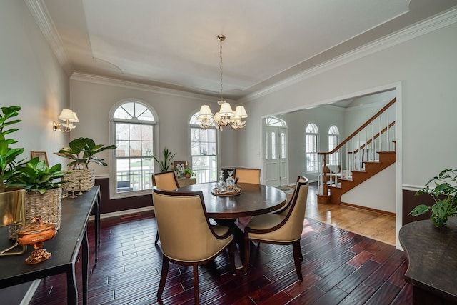 dining area with stairway, baseboards, dark wood-style floors, and a chandelier