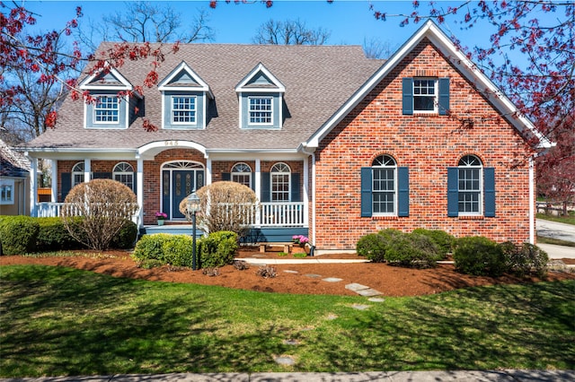 view of front of house featuring roof with shingles, a front yard, a porch, and brick siding