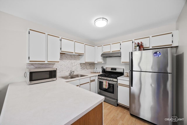 1025 Chaucer Ct E Unit B, Elgin, IL 60120 - kitchen featuring appliances with stainless steel finishes, a sink, under cabinet range hood, light countertops, and white cabinets