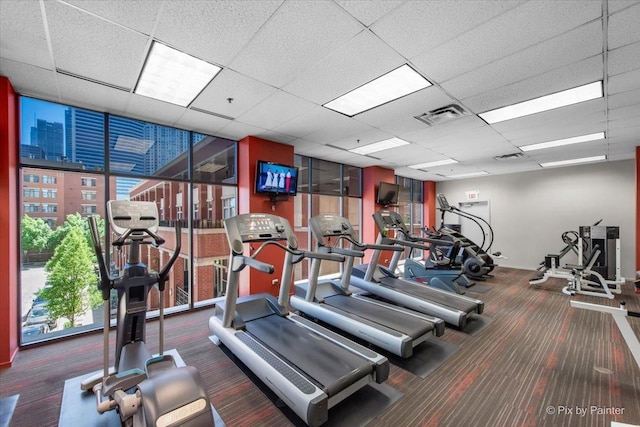 324 N Jefferson St Unit 307, Chicago, IL 60661 - gym featuring carpet, a wall of windows, and a paneled ceiling