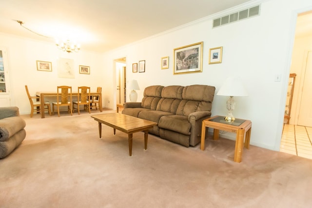 living area with visible vents, ornamental molding, and carpet