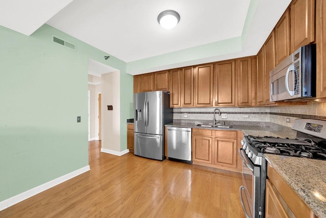 kitchen featuring brown cabinets, a sink, stainless steel appliances, tasteful backsplash, and visible vents