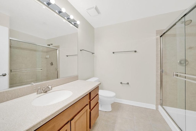 bathroom with tile patterned flooring, vanity, toilet, a shower stall, and visible vents