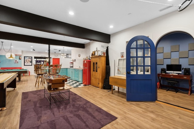rec room featuring visible vents, wood finished floors, beam ceiling, recessed lighting, and billiards