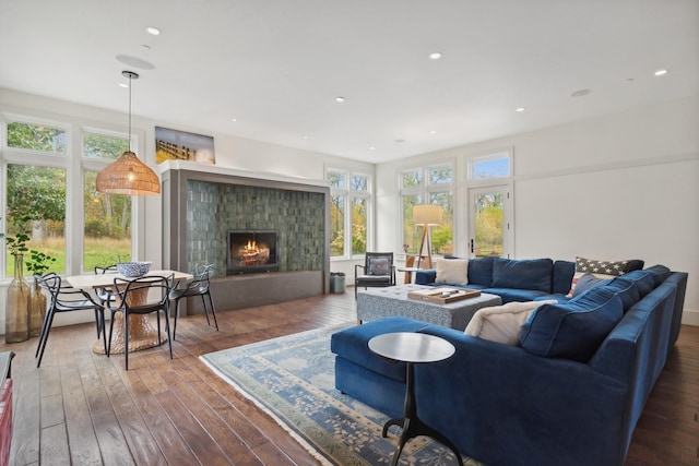 living area featuring wood-type flooring, recessed lighting, and a warm lit fireplace