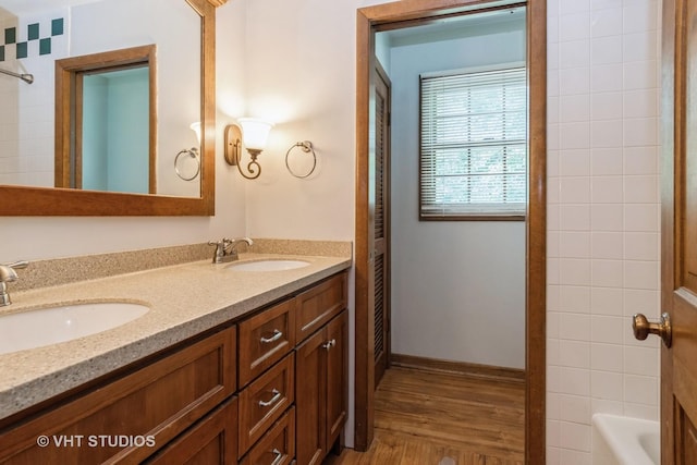 6S475 Sussex Rd, Naperville, IL 60540 - full bath featuring double vanity, wood finished floors, and bathing tub / shower combination