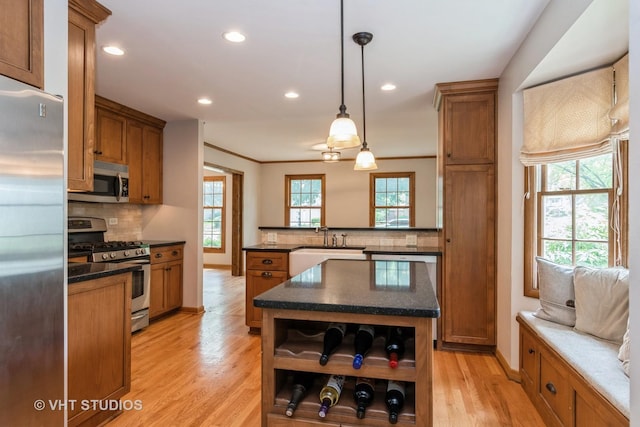 6S475 Sussex Rd, Naperville, IL 60540 - kitchen featuring stainless steel appliances, open shelves, brown cabinets, dark countertops, and backsplash