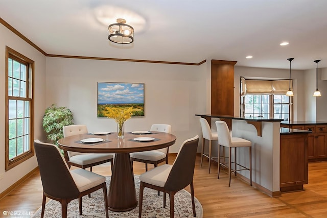 6S475 Sussex Rd, Naperville, IL 60540 - dining room featuring light wood finished floors, recessed lighting, and ornamental molding