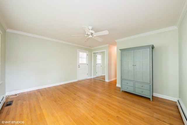 1008 N Vail Ave, Arlington Heights, IL 60004 - unfurnished bedroom with a baseboard radiator, ornamental molding, light wood-style floors, baseboards, and ceiling fan