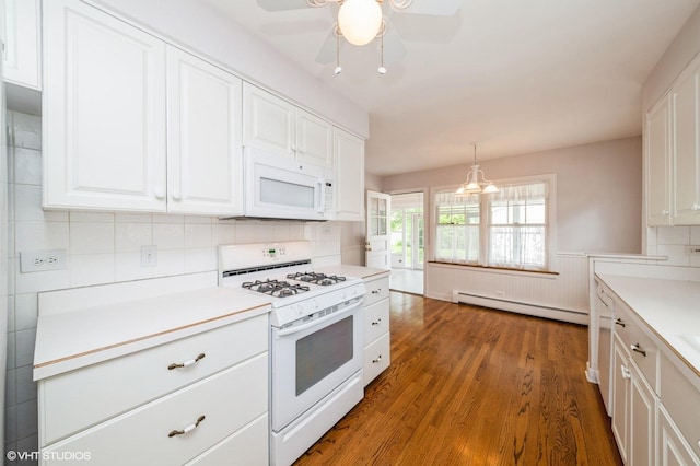 1008 N Vail Ave, Arlington Heights, IL 60004 - kitchen featuring white appliances, a baseboard heating unit, white cabinets, and wood finished floors