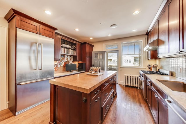 918 Michigan Ave Unit 3, Evanston, IL 60202 - kitchen featuring high end appliances, radiator heating unit, wood finished floors, backsplash, and recessed lighting