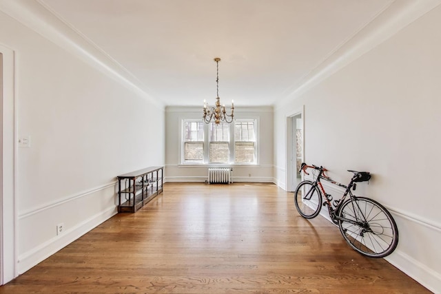918 Michigan Ave Unit 3, Evanston, IL 60202 - dining area with radiator heating unit, a chandelier, wood finished floors, and crown molding