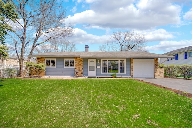 1595 Highland Blvd, Hoffman Estates, IL 60169 - ranch-style house featuring driveway, a chimney, a front yard, fence, and an attached garage