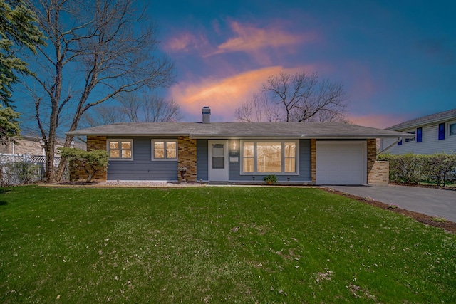 1595 Highland Blvd, Hoffman Estates, IL 60169 - ranch-style house featuring fence, aphalt driveway, a garage, a front yard, and a chimney