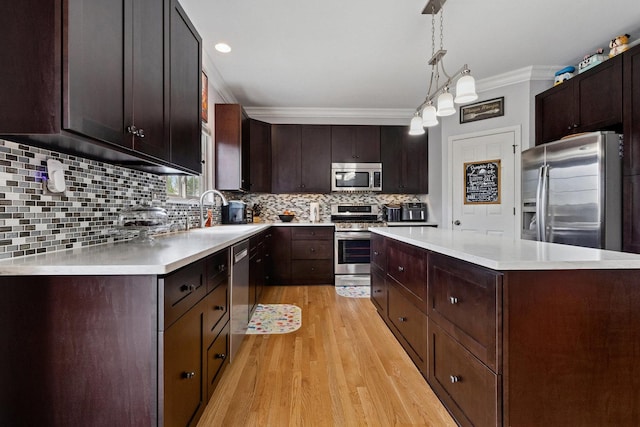 1000 Salvia Ln, Joliet, IL 60431 - kitchen featuring a sink, appliances with stainless steel finishes, crown molding, light countertops, and light wood-style floors