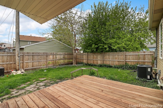 404 Rand Rd, Lakemoor, IL 60050 - wooden deck featuring a fenced backyard, a lawn, and cooling unit