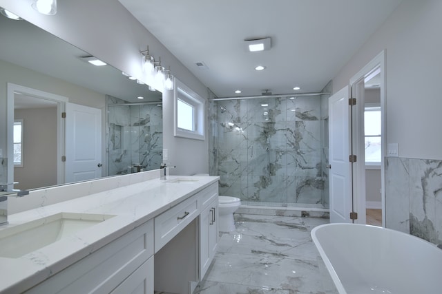 2123 N Austin Ave, Chicago, IL 60639 - full bath with a sink, a marble finish shower, double vanity, and marble finish floor